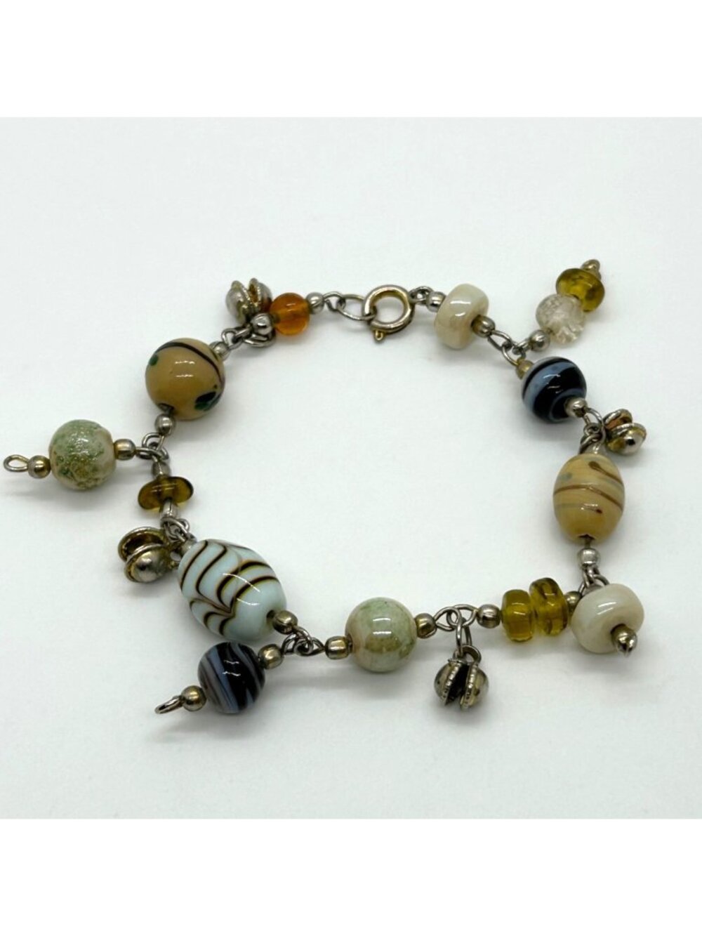 Vintage Lampwork Glass Bead Silver-tone Charm Bracelet Handmade Artisan Jewelry
